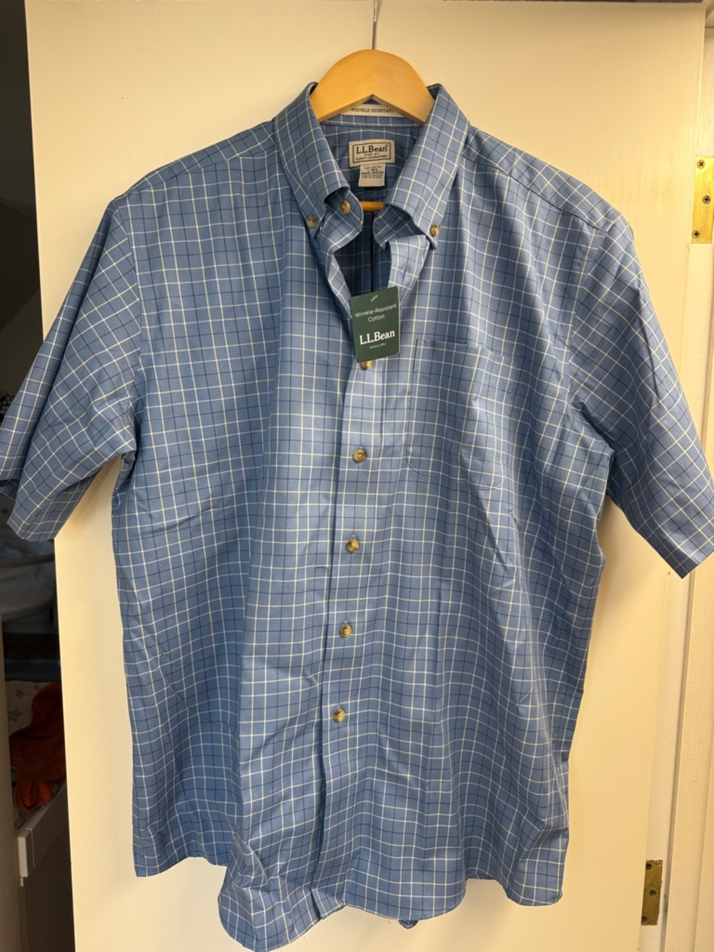 L.L. Bean Men's Light Blue Windowpane Short Sleeve Button-Down Shirt